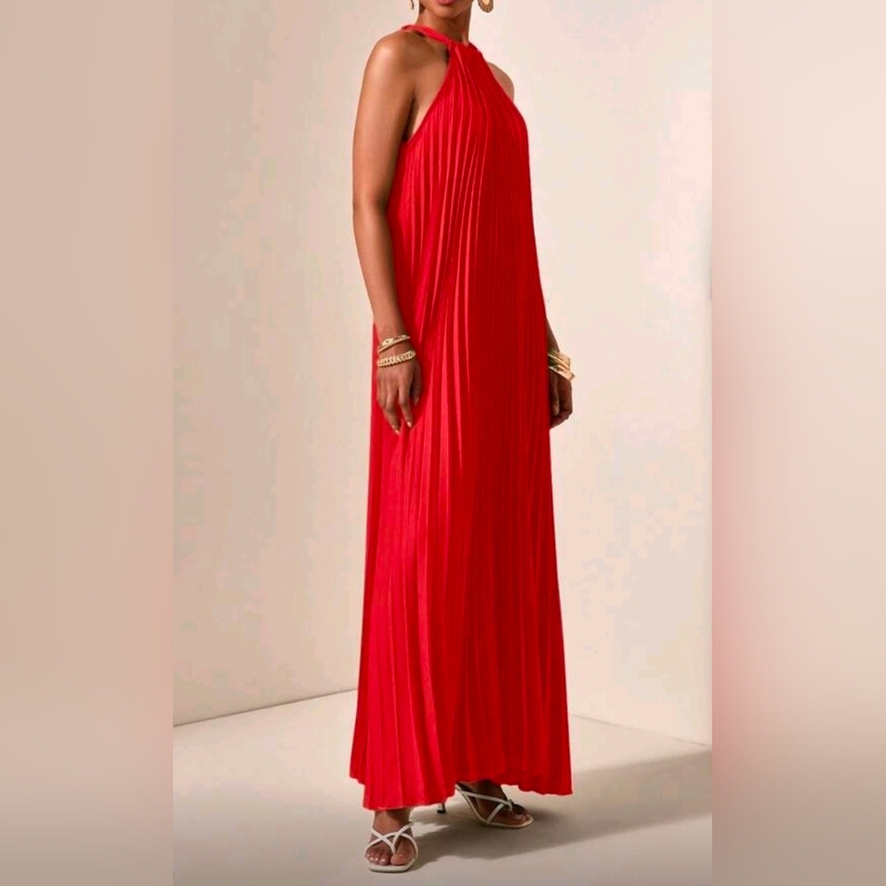 New Glam Halter Tie Pleated Maxi Dress Red - Picture 3 of 10